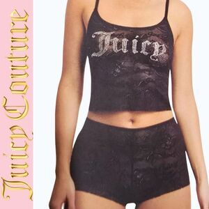 Juicy Couture Rhinestone Logo Lace Cami & Short Set- Black